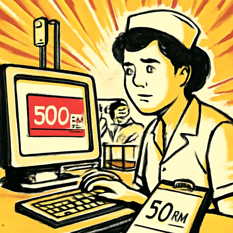 A hospital room. A nurse at a bedside computer, hand frozen over the keyboard. On screen: a dosing field showing '500mg' highlighted in red. The intended dose '50mg' is scrawled on a paper chart nearby. Tense, clinical lighting.