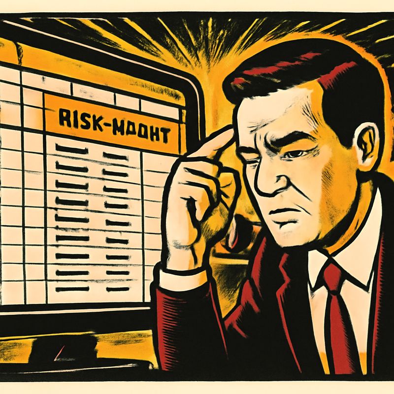 A massive Excel spreadsheet on a trading floor monitor. One column is highlighted in yellow — it's labeled 'Risk Value' but the cells are formatted as text (left-aligned) instead of numbers (right-aligned). A trader squints at it. JP Morgan logo visible. Dark, tense office.