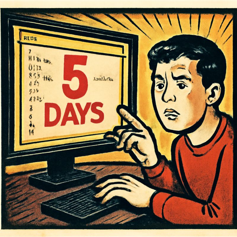 A deployment countdown timer showing '5 DAYS' in red. Behind it, a screen full of nested JSON — indented 4 levels deep. A junior developer's cursor is on the wrong line, about to change a setting at the wrong level. Tense, dim office lighting.