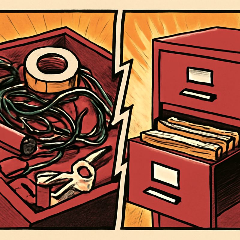 Split screen. Left: a chaotic junk drawer stuffed with batteries, tape, pens, keys, and cables tangled together. Right: a clean filing cabinet with labeled drawers and hanging folders. Same number of items in both. Warm, realistic illustration.