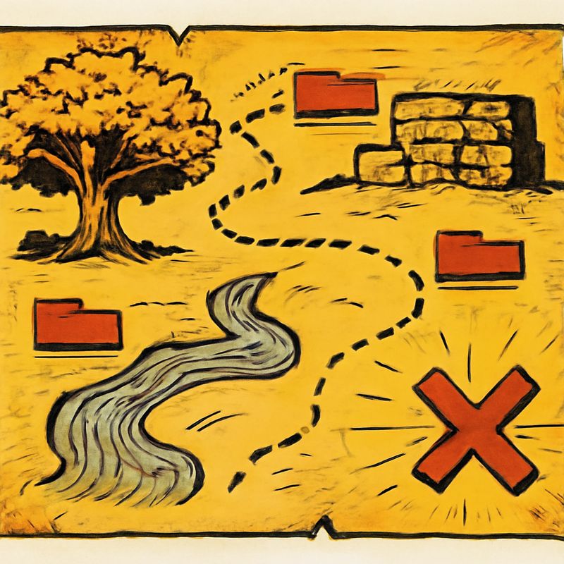 An old treasure map with a dotted path leading from a starting point through landmarks: old oak tree, river crossing, stone wall, then an X marking the spot. Each landmark is labeled with a folder name. Parchment style, warm tones.