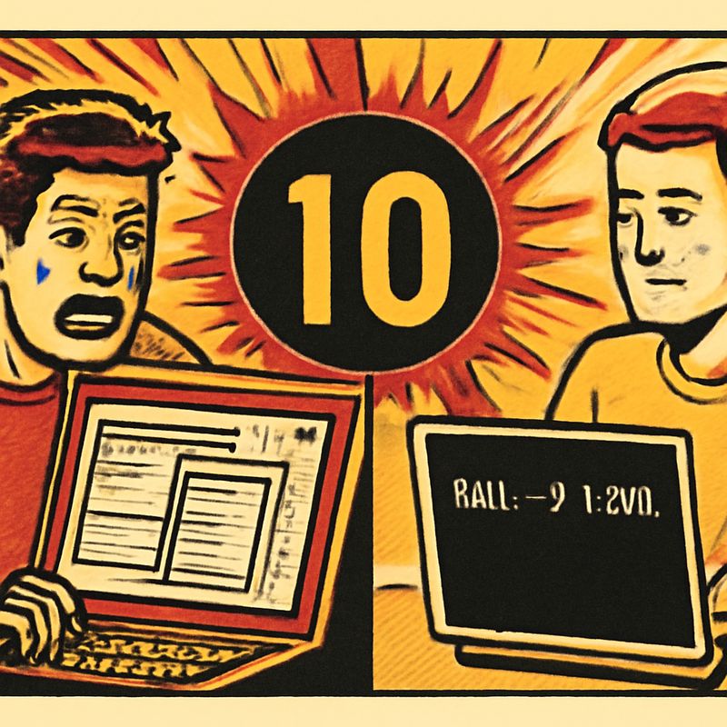 Split screen with a countdown timer showing 10 seconds. Left side: a frantic user navigating menus and right-click options in a GUI. Right side: a calm user typing 'kill -9 1234' in a terminal. The CLI user is already done.