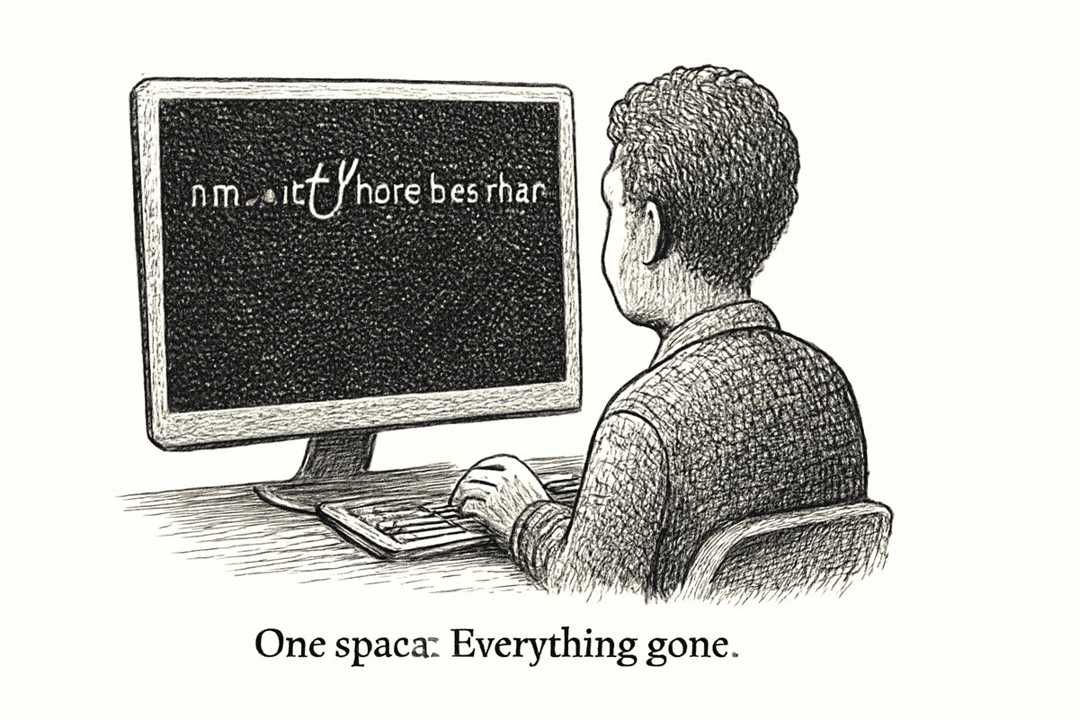 Terminal showing 'rm -rf / home/user/trash' with a red circle around the space between '/' and 'home'. The '/' is highlighted in red. Caption: 'One space. Everything gone.' Dark terminal background.