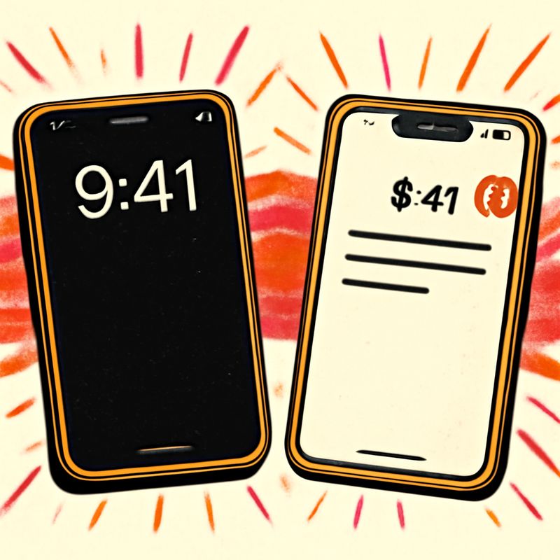 Two identical smartphones on a table. Left phone: dark mode, large font, no notification badges. Right phone: light mode, tiny font, 47 notification badges. Same model, same year. Different settings. Clean overhead shot.