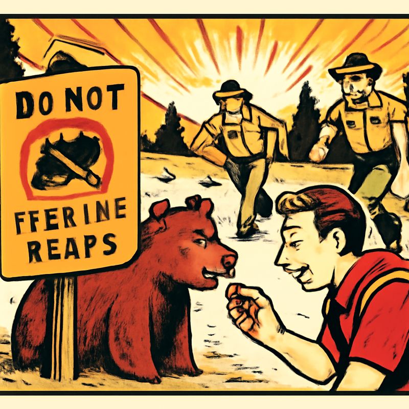 A national park. A 'Do Not Feed the Bears' sign, weathered and ignored. Behind it, the spot where a fence used to be -- posts still visible in the ground. A tourist reaching toward a bear with food. Rangers running toward the scene.