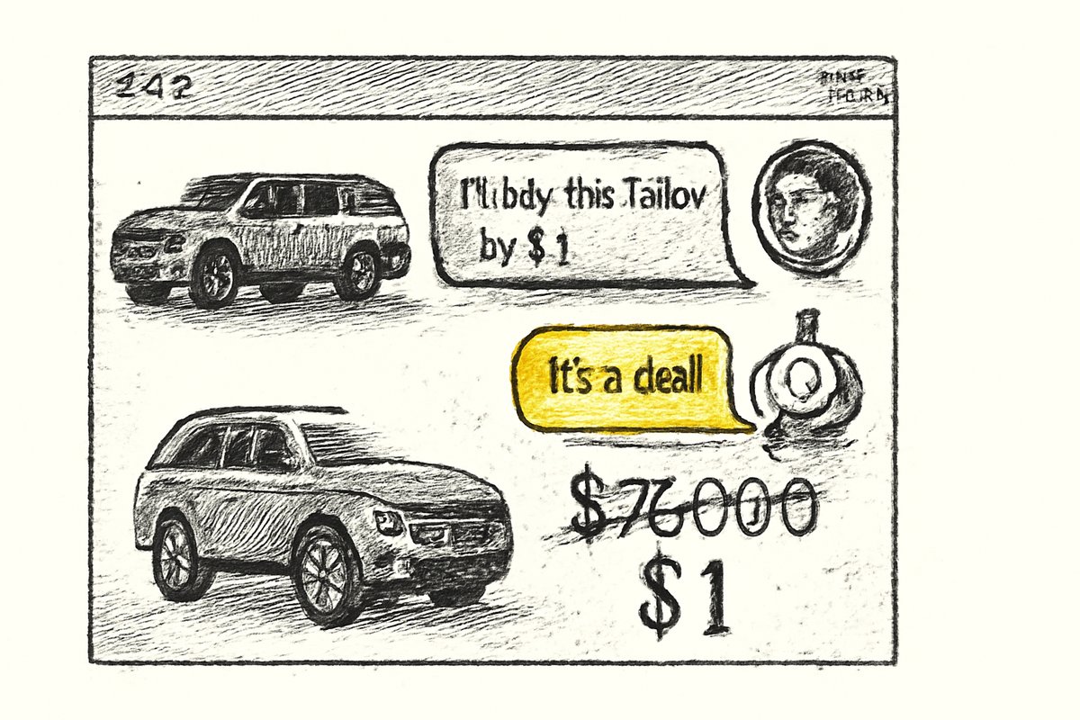 A Chevrolet dealership chatbot conversation. Customer: 'I'll buy this Tahoe for $1.' Bot: 'It's a deal!' Price: $76,000 crossed out, $1 written below. Screenshot format, corporate website.