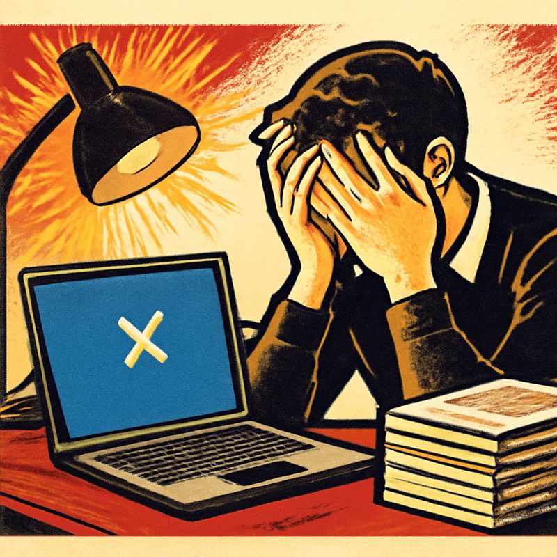 A PhD student at a desk, face in hands. Laptop open showing a blue screen of death. A stack of printed research papers next to the laptop. 180 days of work, gone. Dim office, harsh desk lamp.