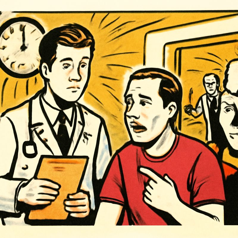 A hospital room. A junior doctor holds a patient chart, looking uncertain. The patient, a middle-aged man, points to his chest and asks a question. Down the hall, a cardiologist is being paged. Clock on the wall shows the urgency. Clean medical setting.
