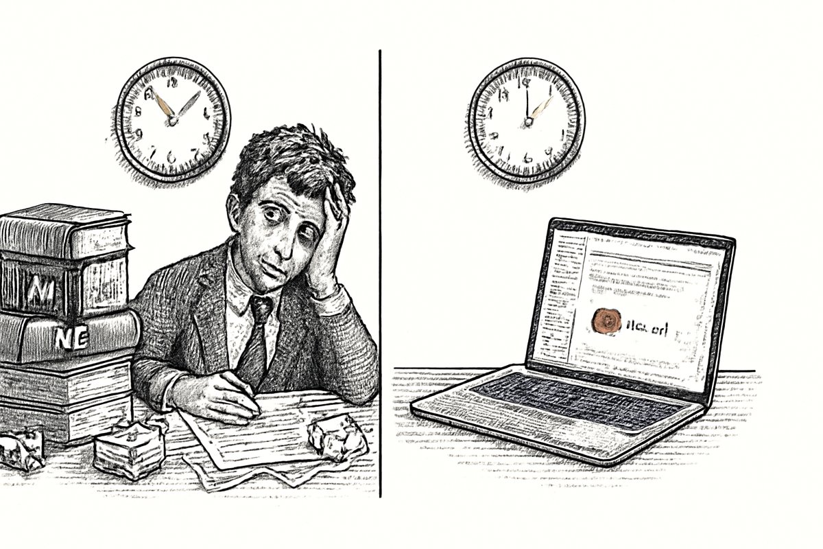 A lawyer's desk split in two. Left side: a junior associate surrounded by law books, coffee cups, and crumpled drafts, clock showing 3 hours elapsed. Right side: a laptop with Claude's interface, a clean contract clause on screen, clock showing 8 seconds. Same clause. Same quality. Warm office lighting.